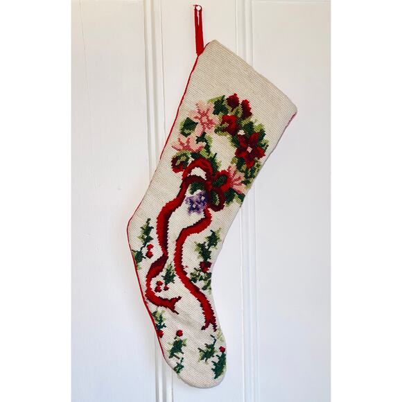 Vintage Christmas Stocking Needlepoint Holiday Wreath Bow Holly Red Velvet - Picture 1 of 3